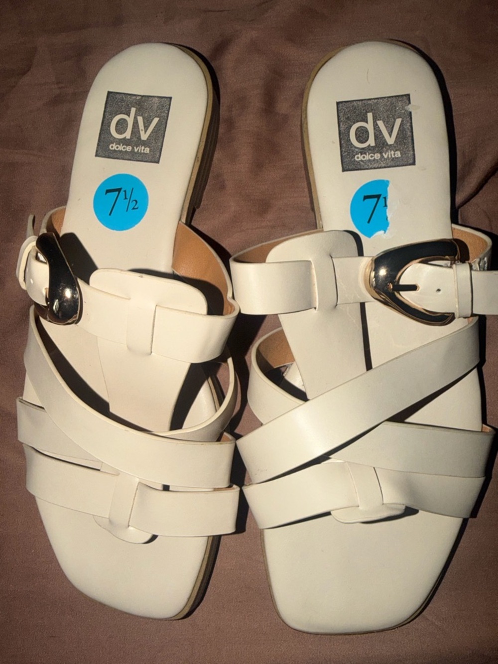 Dolce Vita White Strappy Slide Sandals with Gold Buckle